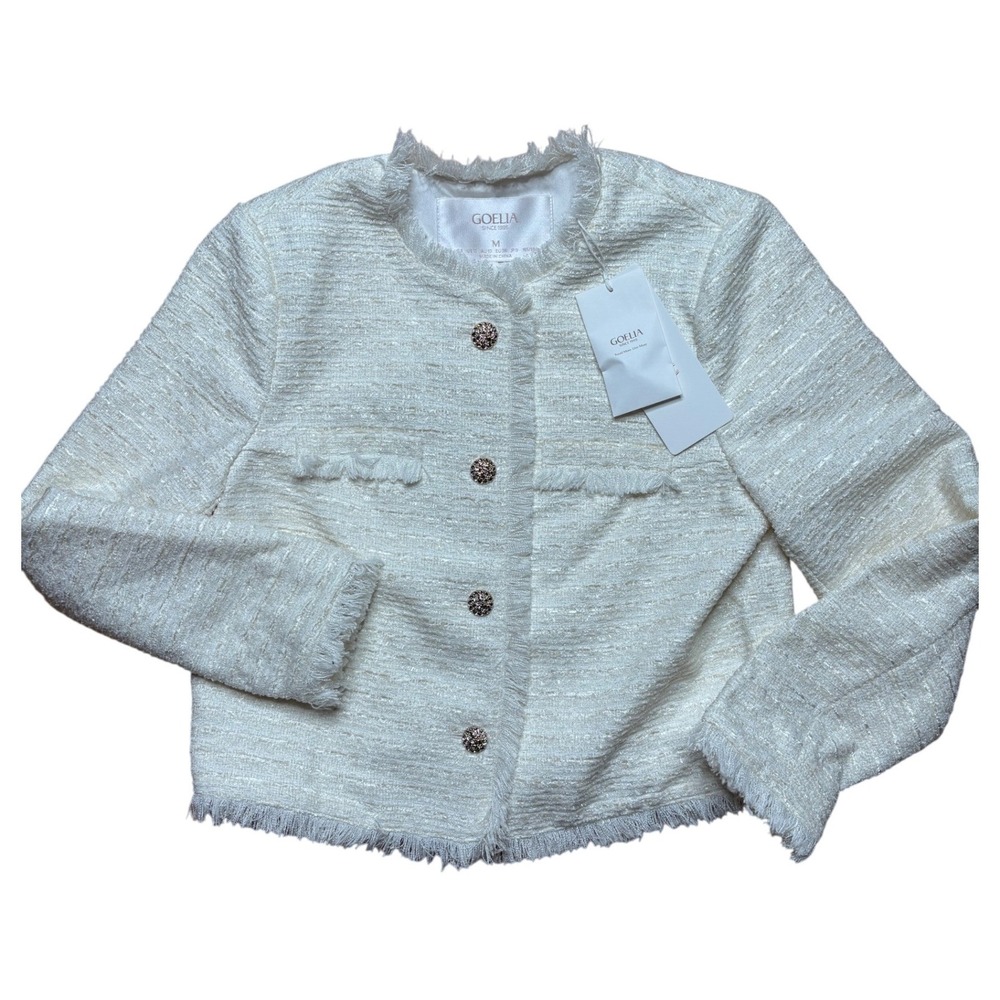 Goelia Jacket Womens M Off White Tweed Fringed Button Up Blazer NWT